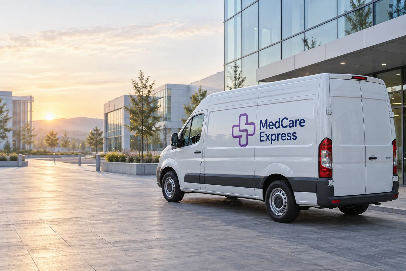 Illustrative MedCare Express van outside a modern medical campus